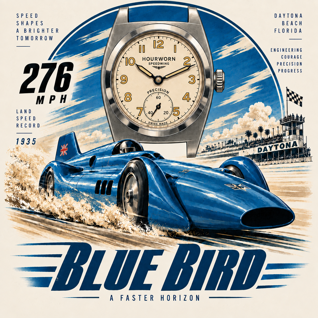 Hourworn Speedwing artwork: a blue land-speed car on Daytona sand beneath an oversized watch dial