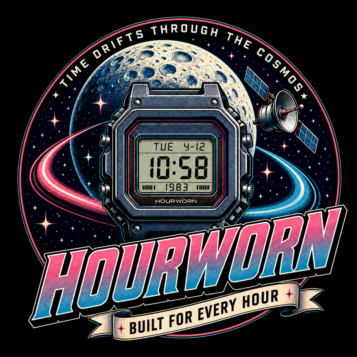 DIGITAL DAWN artwork: digital watch, moon, satellite and orbital trails